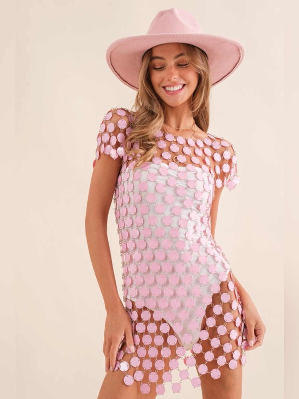 Pink Mirrored Circle Sequin Mesh Mini Dress Only